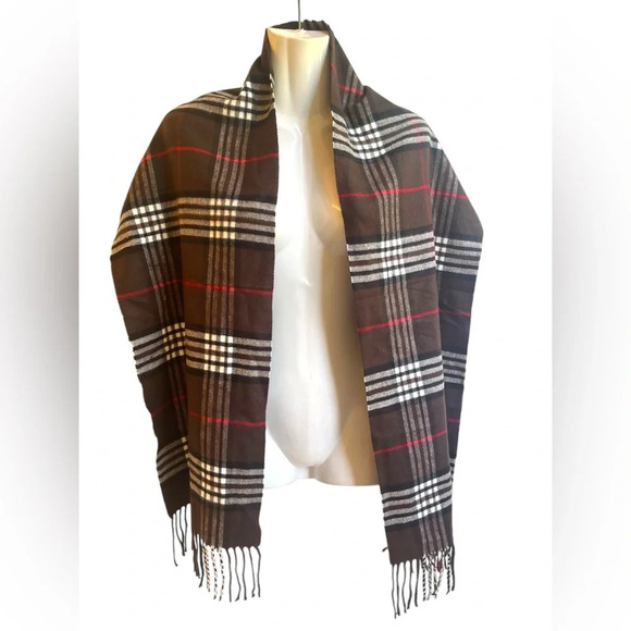 Italy Design Brown Plaid Cashmere Blend Fringe Scarf 12X54’ - Picture 2 of 4